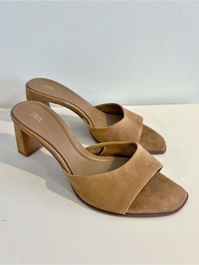Zara || Suede Heeled Mules Slides Tan Beige 39